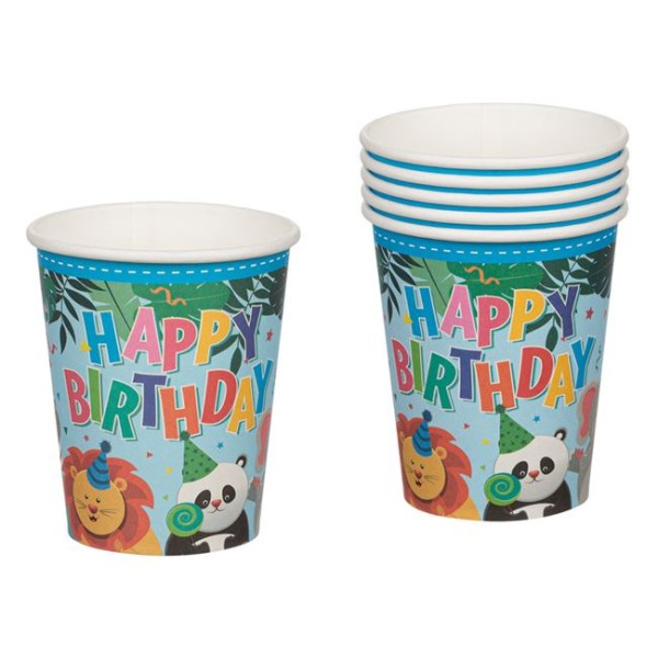 Set 6 Pahare din carton de Petrecere, 270 ml Happy Birthday Animale multicolor