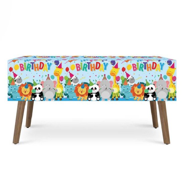 Fata de masa din plastic de Petrecere, Happy Birthday Animale multicolor, dimensiune 180x120cm