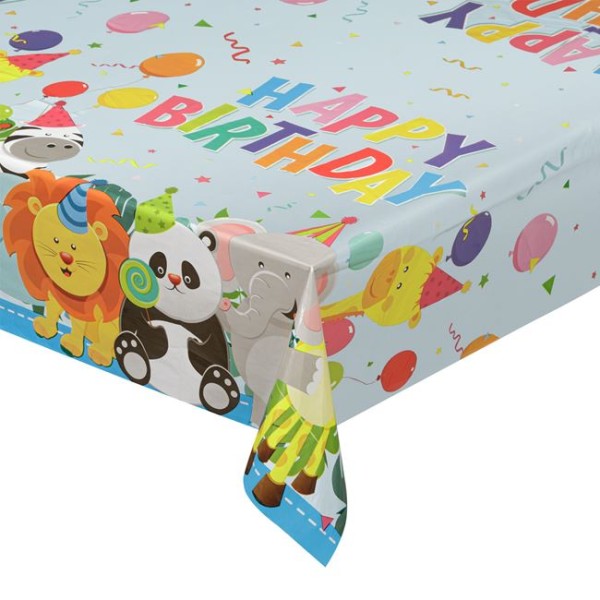 Fata de masa din plastic de Petrecere, Happy Birthday Animale multicolor, dimensiune 180x120cm