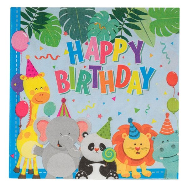 12 Servetele copii de Petrecere Happy Birthday cu doua straturi, Animale multicolor, 33x33cm