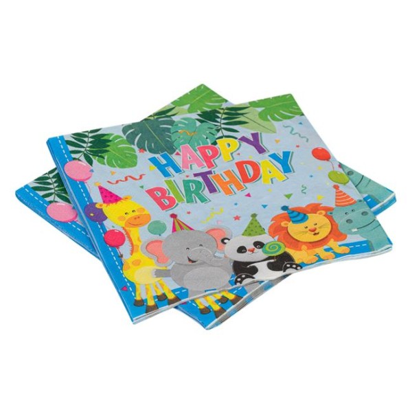 12 Servetele copii de Petrecere Happy Birthday cu doua straturi, Animale multicolor, 33x33cm