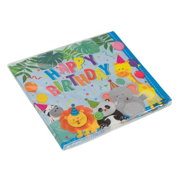 12 Servetele copii de Petrecere Happy Birthday cu doua straturi, Animale multicolor, 33x33cm