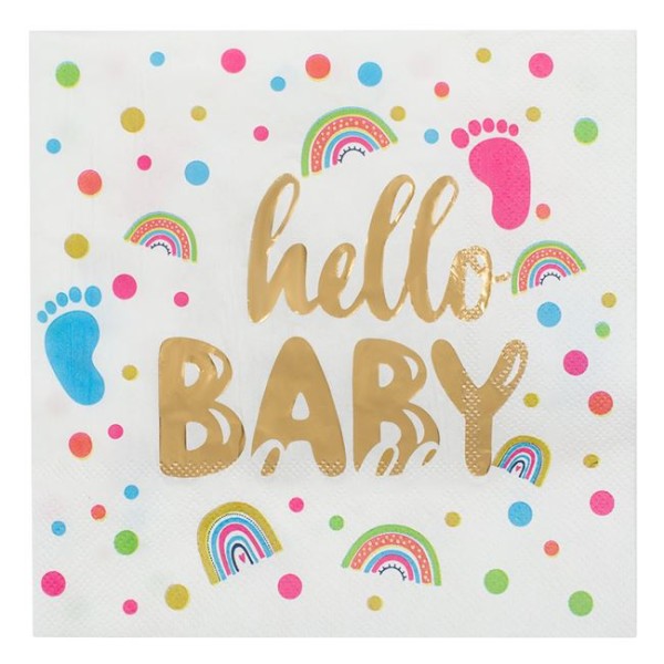 12 Servetele de masa pentru Petrecere Baby Shower Alb Auriu, Hello Baby dimensiune 33x33cm