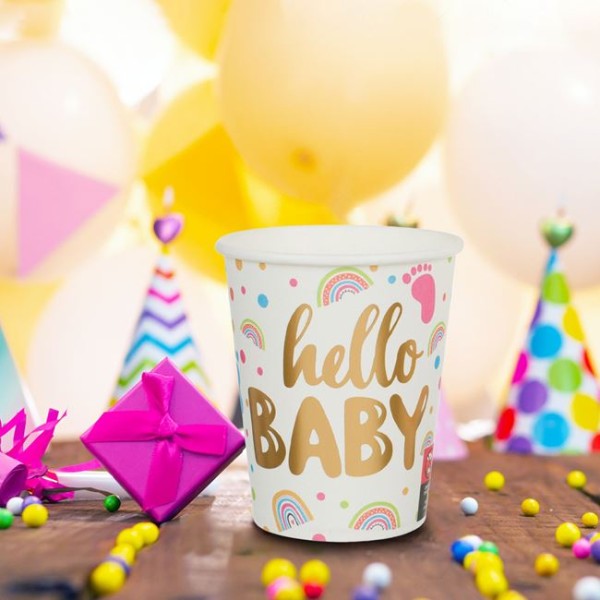 Set 6 Pahare din carton de Petrecere Baby Shower Alb Auriu, Hello Baby, 270 ml