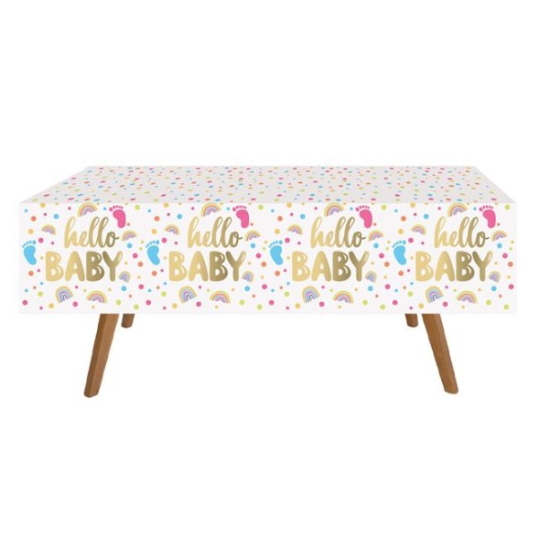 Fata de masa din plastic de Petrecere Baby Shower Alb Auriu Hello Baby, dezvaluire gen bebelus, dimensiune 180x120 cm