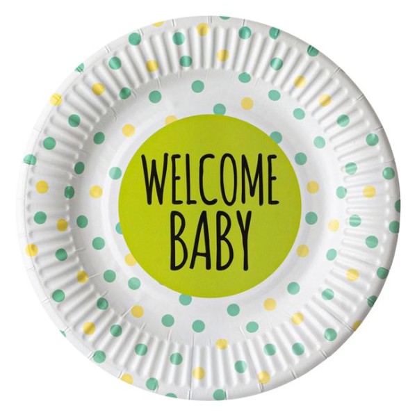 Set 6 Farfurii din carton de Petrecere, diametru 18 cm Baby Shower buline colorate Welcome Baby