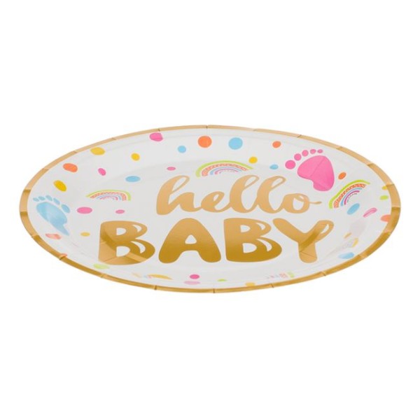 Set 6 Farfurii din carton de Petrecere, diametru 18cm, Baby Shower Alb Auriu Hello Baby