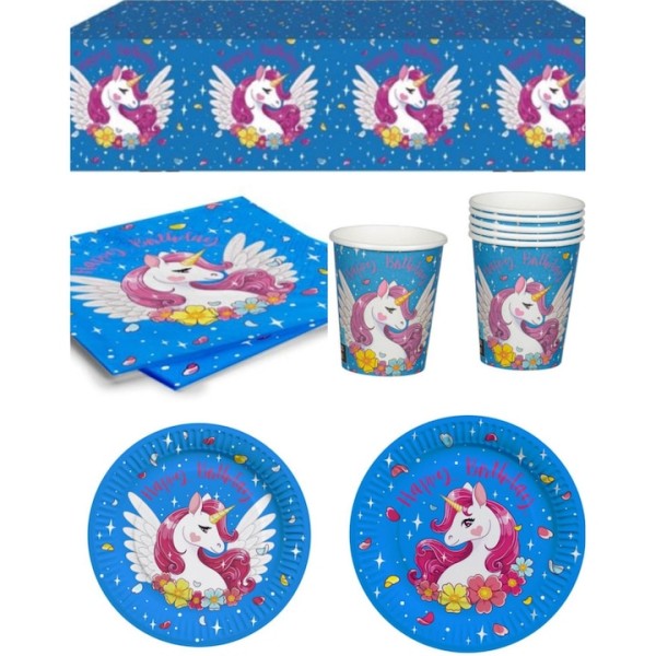 Set Petrecere Unicorn Albastru pentru 6 Copii, Fata de Masa, Servetele, Farfurii, Pahare, Furculite