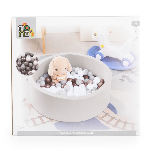 Piscină cu bile Moni Toys Grey pentru copii cu 200 bile colorate, fund moale și husă detașabilă, 12 luni+