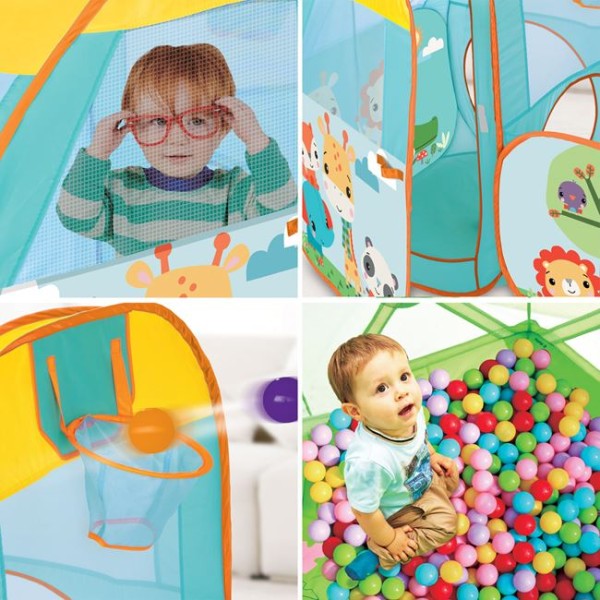 Spatiu de joaca pentru copii multifunctional, Fisher Price Multicolor, piscina cu bile, portita si ferestre transparente, cos de baschet si 25 mingiute