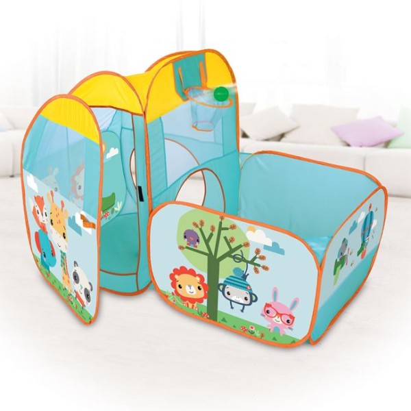 Spatiu de joaca pentru copii multifunctional, Fisher Price Multicolor, piscina cu bile, portita si ferestre transparente, cos de baschet si 25 mingiute