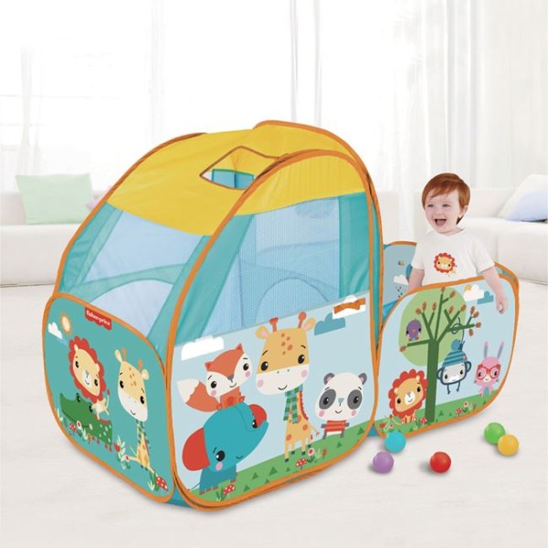 Spatiu de joaca pentru copii multifunctional, Fisher Price Multicolor, piscina cu bile, portita si ferestre transparente, cos de baschet si 25 mingiute