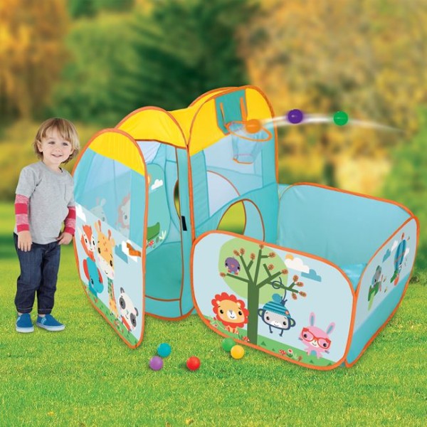 Spatiu de joaca pentru copii multifunctional, Fisher Price Multicolor, piscina cu bile, portita si ferestre transparente, cos de baschet si 25 mingiute