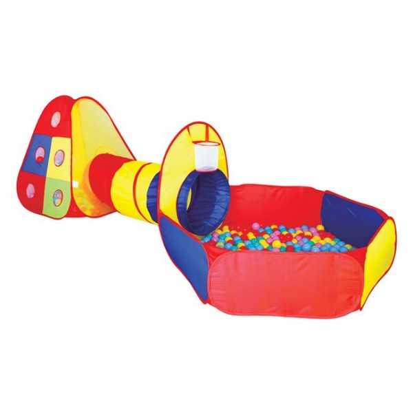 Spatiu de joaca cu tunel si cos baschet pentru copii, 80 bile colorate si 3 mingi mici, Game Tent Set Multicolor