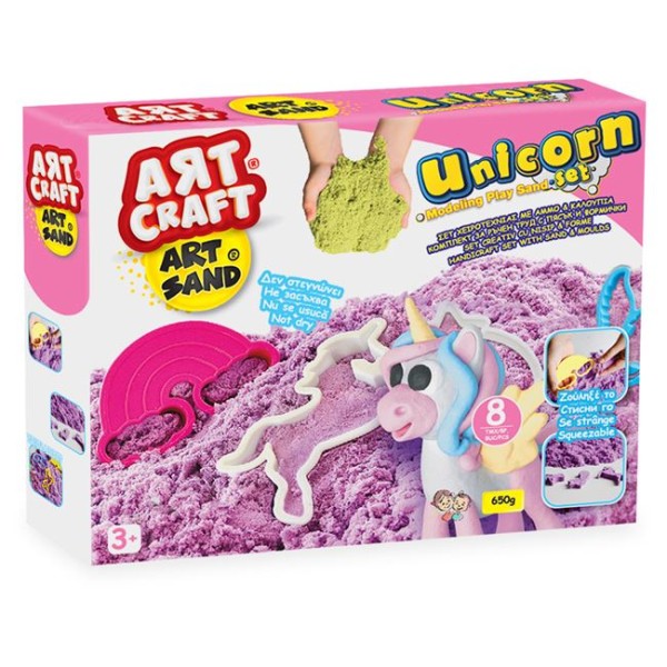 Nisip Kinetic pentru copii cu forme de Unicorn, Art Craft Mov 650 grame, varsta recomandata 3 ani +