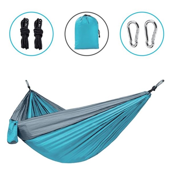 Hamac pentru Camping si Gradina, Sfori si Inchizatoare incluse, Albastru Gri, Dimensiune 260x140 cm 