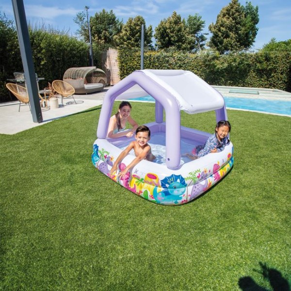 Piscina copii cu Parasolar, Intex Dinozari Multicolor, Capacitate 295 litrii, dimensiune 157x157x122 cm