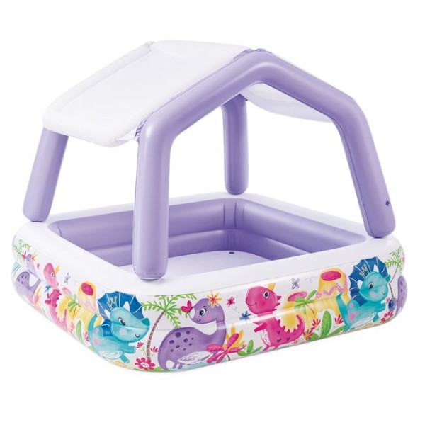 Piscina copii cu Parasolar, Intex Dinozari Multicolor, Capacitate 295 litrii, dimensiune 157x157x122 cm