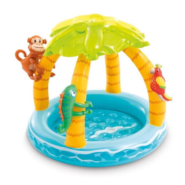 Piscina copii cu Parasolar, Intex si 3 Animalute Gonflabile colorate, diametru 102 cm, varsta recomandata 1 - 3 ani