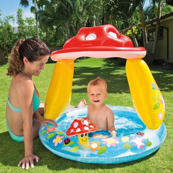 Piscina copii cu Parasolar in forma de Ciuperca, Intex Galben Rosu, diametru 102 cm, varsta recomandata 1 - 3 ani