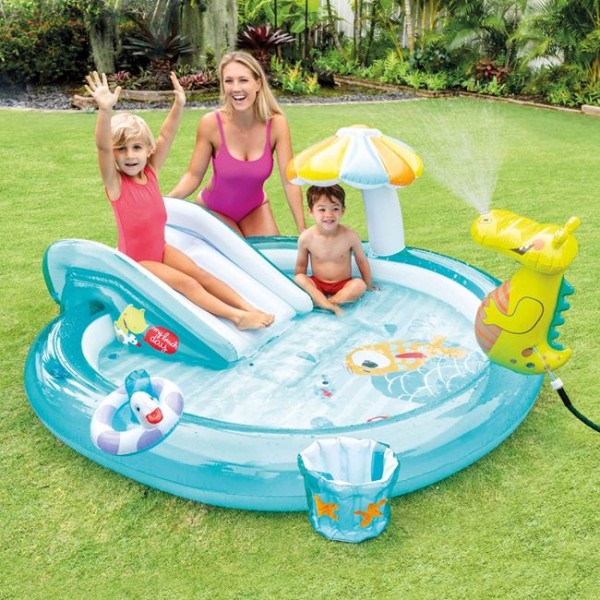 Piscina copii cu Spatiu de joaca, Tobogan si Fantana, Intex Crocodil Verde, Capacitate 160 litrii