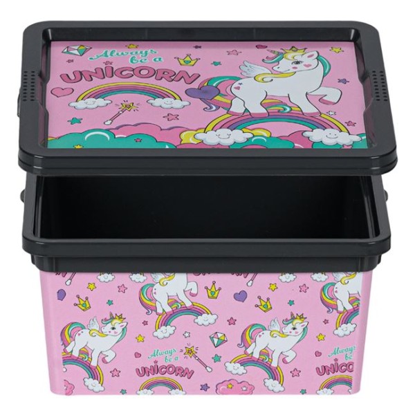 Cutie depozitat Jucarii din Plastic cu Capac, Unicorn Roz, Capacitate 2.5 Litrii