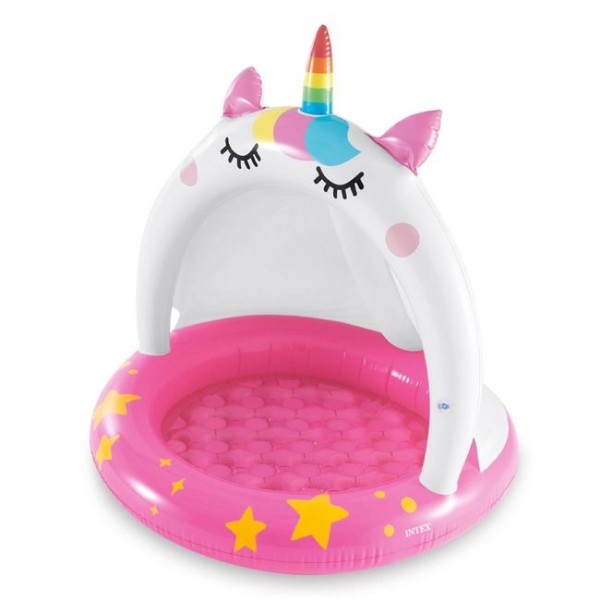 Piscina gonflabila pentru copii cu Parasolar, Intex Unicorn Alb Roz, Dimensiune 102x102 cm