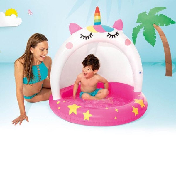 Piscina gonflabila pentru copii cu Parasolar, Intex Unicorn Alb Roz, Dimensiune 102x102 cm