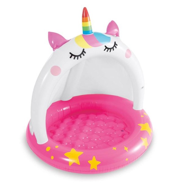 Piscina gonflabila pentru copii cu Parasolar, Intex Unicorn Alb Roz, Dimensiune 102x102 cm