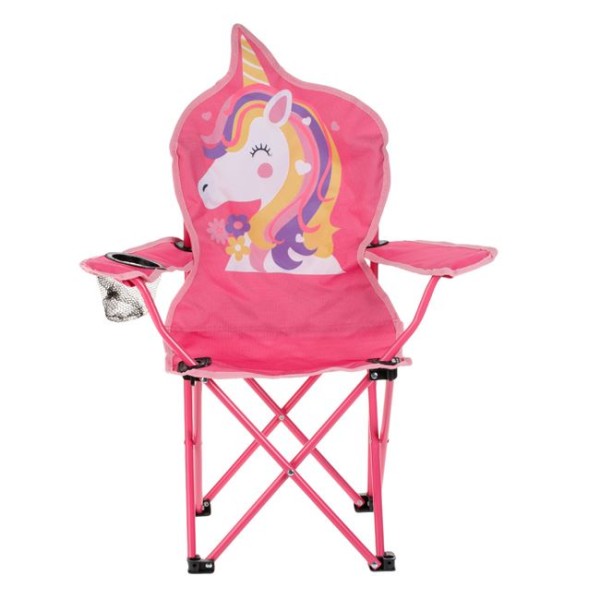 Scaun Pliabil de Plaja si Camping pentru fete, Suport de Pahar, Unicorn Roz, Geanta de Transport inclusa, Dimensiune 36x36x75 cm 