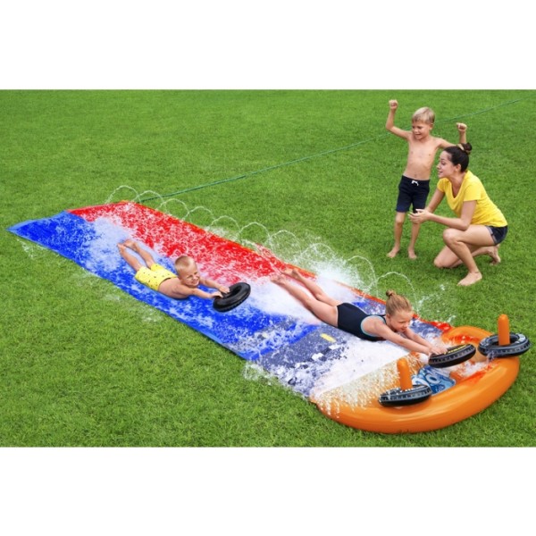 Tobogan Gonflabil pentru copii cu Jeturi de Apa, Bestway H2OGo Multicolor, 4 inele gonflabile incluse, Varsta 3 ani + Lungime 4.88 m