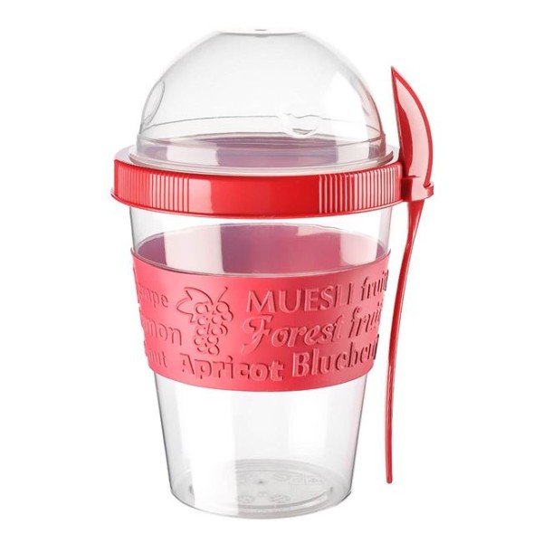 Recipient Take Away din Plastic cu Lingura Rosie, Capac cu Filet, Capacitate 600 ml