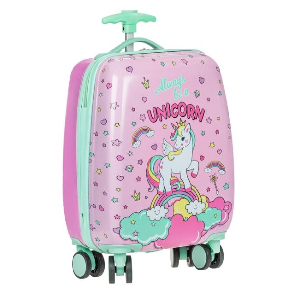 Troler Valiza pentru fetite, Unicorn Roz, 4 roti pivotante, dimensiune 30x21x50 cm, capacitate 22 litrii