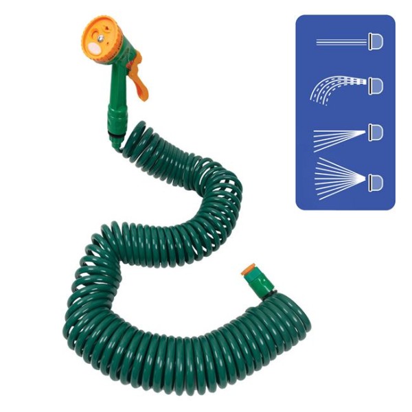 Furtun Gradina Spiralat Extensibil, Green Garden Gri, 4 Accesorii si 4 Functii, Lungime 15m