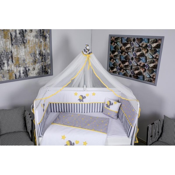 Lenjerie MyKids 9 piese Elephant gri-galben fara baldachin 120x60 cm