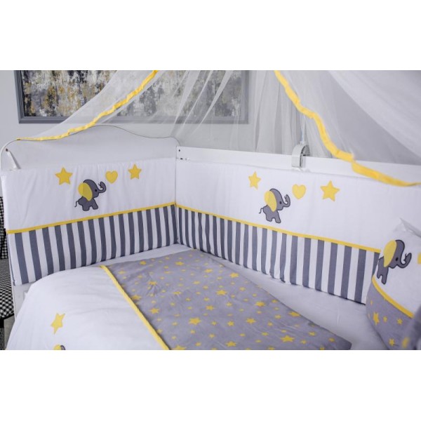 Lenjerie MyKids 9 piese Elephant gri-galben fara baldachin 120x60 cm