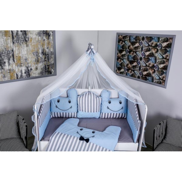 Lenjerie MyKids 11piese Figures gri-albastru cu  baldachin 120x60 cm