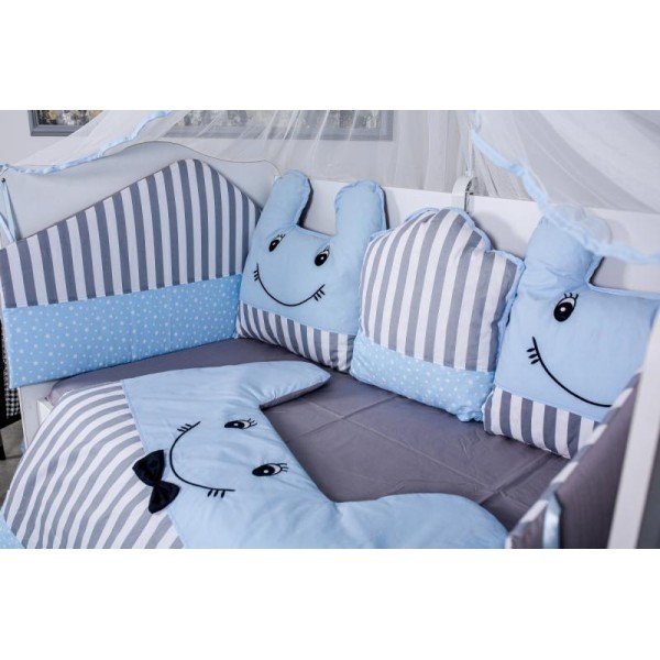 Lenjerie MyKids 11piese Figures gri-albastru cu  baldachin 120x60 cm