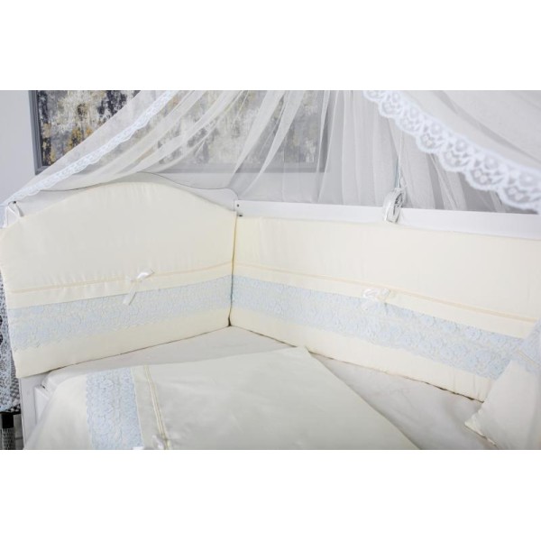 Lenjerie MyKids 11 piese Cream albastru cu baldachin 120x60 cm