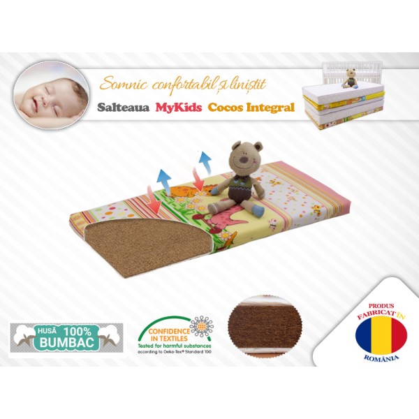 Saltea MyKids Fibra De Cocos Integral 120x60x10 Husa Bumbac Imprimat