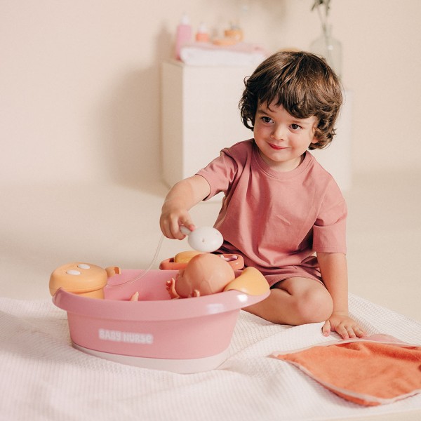 Cadita pentru papusa Smoby Baby Nurse Balneo Bath roz cu 3 accesorii