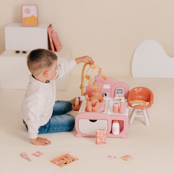 Centru de ingrijire pentru papusi Smoby Baby Nurse Cocoon Nursery 3 in 1 cu 16 accesorii