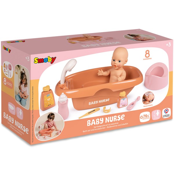 Set de baie pentru papusa Smoby Baby Nurse Bath cu 8 accesorii