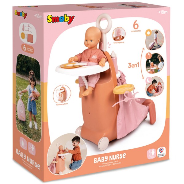 Valiza multifunctionala pentru papusi Smoby Baby Nurse Nursery Suitcase 3 in 1 cu 6 accesorii