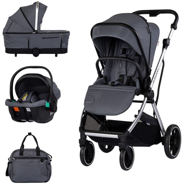 Cărucior 3 in 1 Chipolino Aurora, 0-4 ani, 22 kg, landou, parte sport reversibila, scaun auto i Size, pliabil culoare charcoal