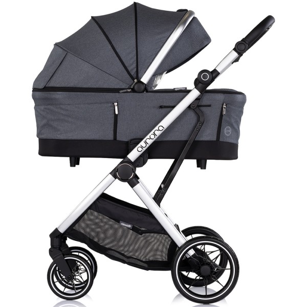 Cărucior 3 in 1 Chipolino Aurora, 0-4 ani, 22 kg, landou, parte sport reversibila, scaun auto i Size, pliabil culoare charcoal