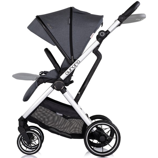 Cărucior 3 in 1 Chipolino Aurora, 0-4 ani, 22 kg, landou, parte sport reversibila, scaun auto i Size, pliabil culoare charcoal