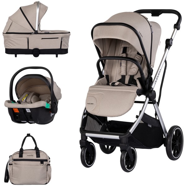 Cărucior 3 in 1 Chipolino Aurora, 0-4 ani, 22 kg, landou, parte sport reversibila, scaun auto i Size, pliabil culoare latte