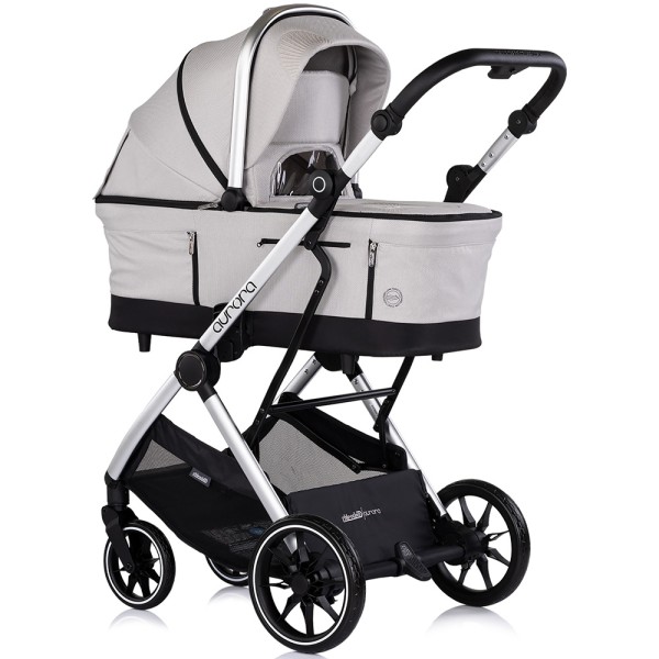 Cărucior 3 in 1 Chipolino Aurora, 0-4 ani, 22 kg, landou, parte sport reversibila, scaun auto i Size, pliabil culoare platinum