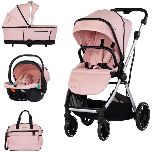 Cărucior 3 in 1 Chipolino Aurora, 0-4 ani, 22 kg, landou, parte sport reversibila, scaun auto i Size, pliabil culoare powder pink